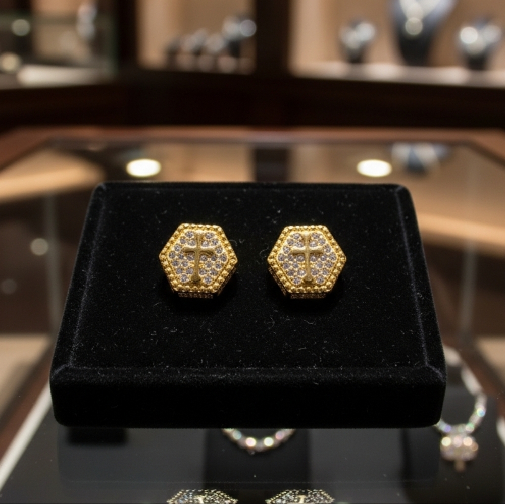 Mens Gold Hexagon Cross Stud Earrings